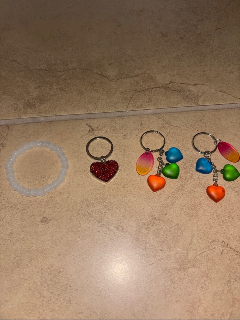 Bundle 3 Heart Keychains and White Beaded Bracelet Set